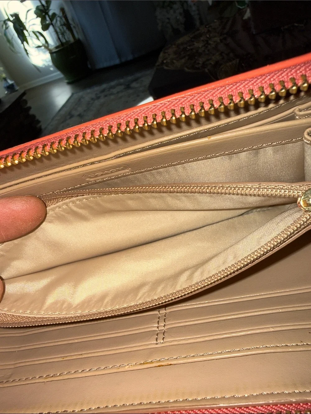 Coach Coral Zip-Around Leather Wallet with Gold Logo